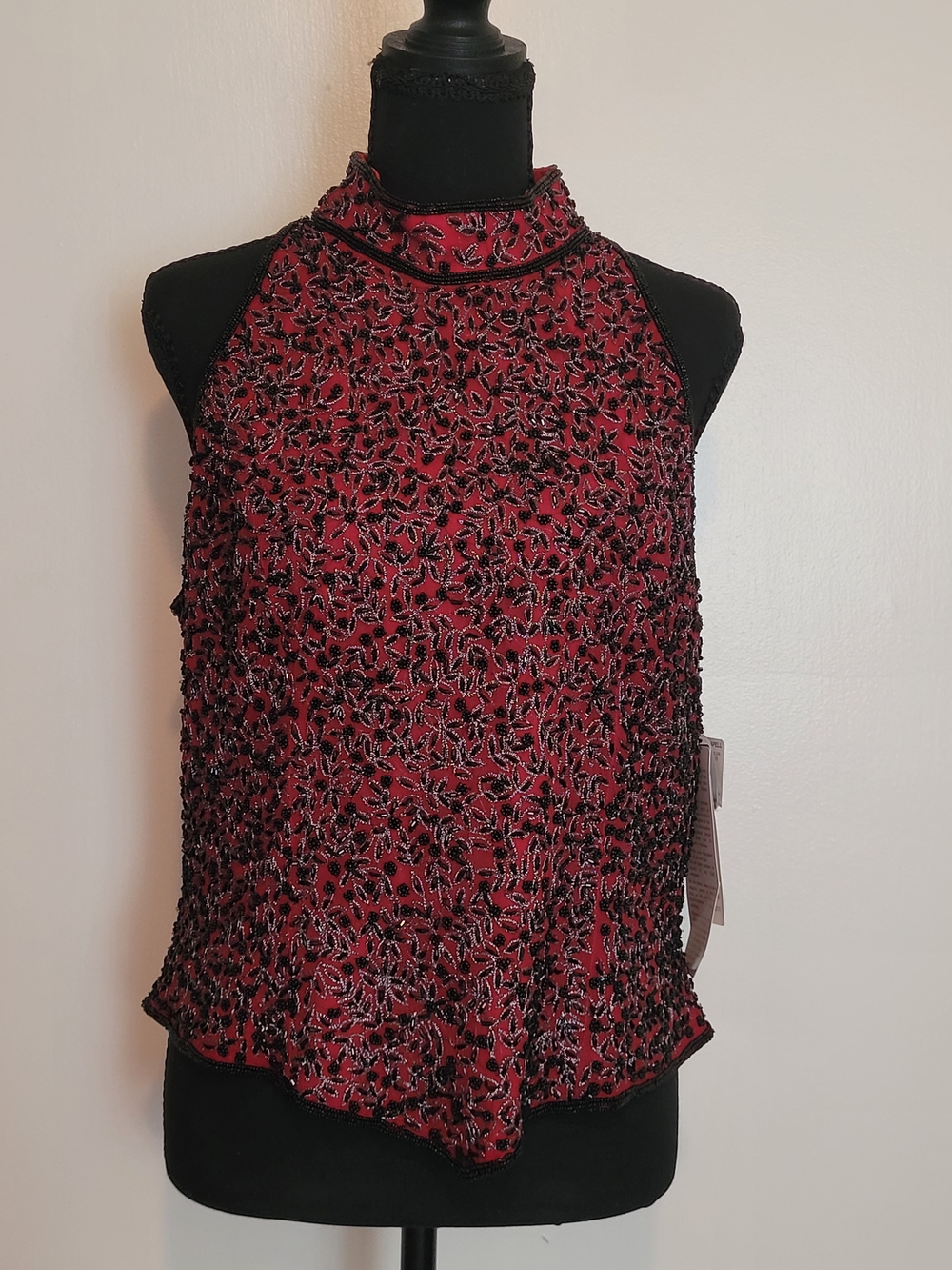 Adrianna Papell High-Neck Red Silk Beaded Floral Camisole